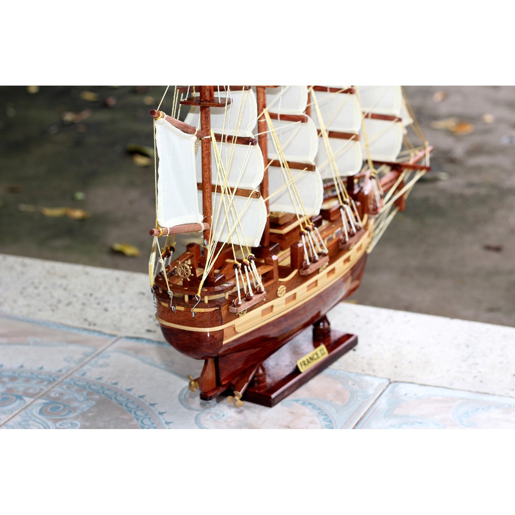Thuyền buồm gỗ mỹ nghệ France II dài 55cm, thuyền buồm phong thủy, thuyền gỗ trang trí, quà tặng khách hàng