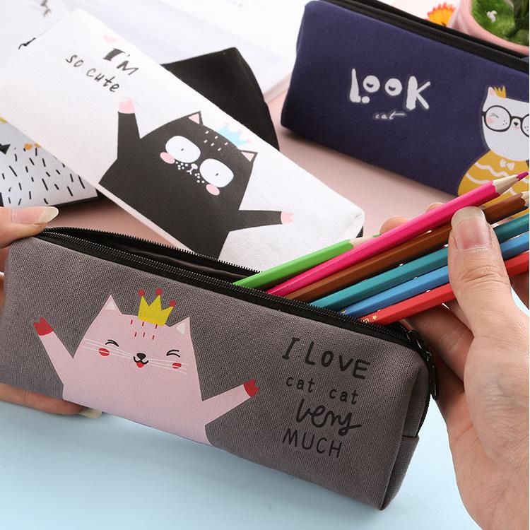 Dễ thương và đơn giản sáng tạo Cat Canvas Pencil Case Dung lượng lớn Dây kéo Hộp đựng Bút chì Hộp đựng bút chì