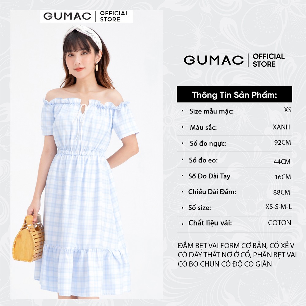 [Mã MABR07062 giảm 8% tối đa 50K đơn từ 249K] Đầm xòe nữ trễ vai caro GUMAC DB691 | BigBuy360 - bigbuy360.vn