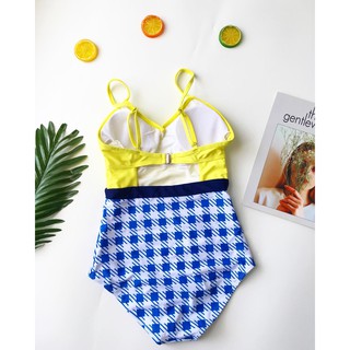 Bikini liền thân vàng phối caro ( kèm hình sàn)
