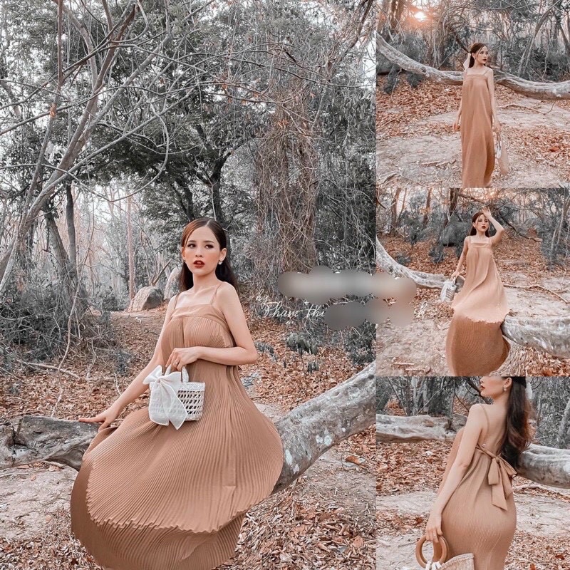 Đầm dập ly 2 dây cột nơ sau lưng dáng suông _hình thật.