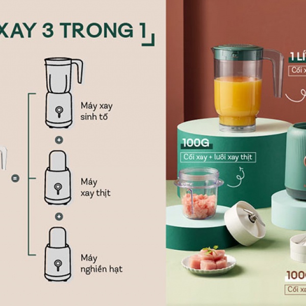 MÁY XAY ĐA NĂNG 3 CỐI XAY SINH TỐ, XAY THỊT, XAY THỰC PHẨM KHÔ BẢO HÀNH 18 THÁNG CHÍNH HÃNG BEAR BL-B10V2