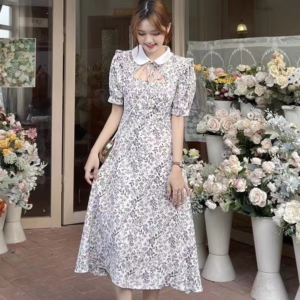 Đầm Chữ a Tay Phồng Họa Tiết Hoa Ngọt Ngào Thời Trang Cho Nữ