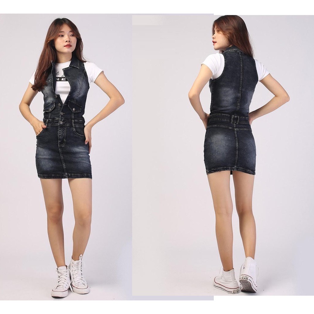 [HÀNG XỊN_TẶNG KÈM QUÀ] Váy yếm jean body trên gối, đầm yếm jean ngắn tôn dáng, vải dày cao cấp, co dãn tốt C106