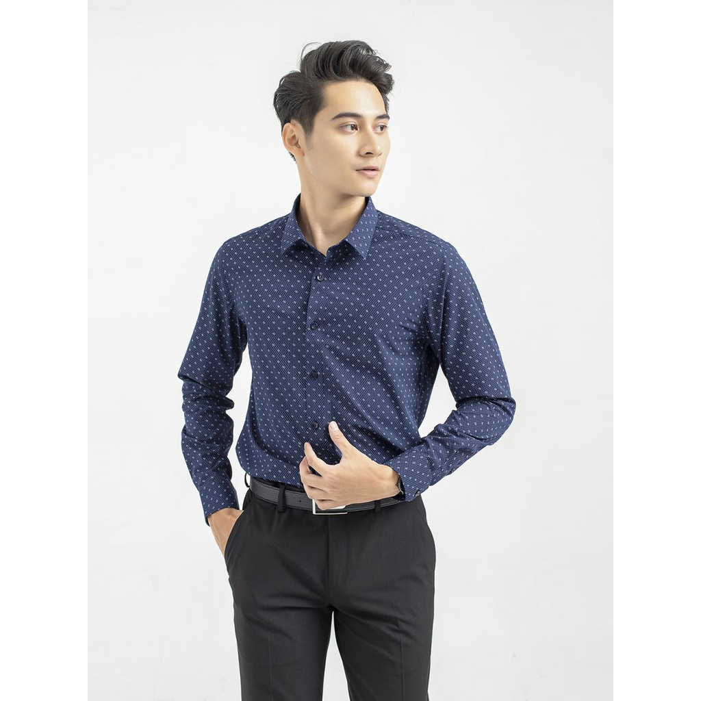 ARISTINO - Áo sơ mi dài tay Aristino ALS17409 dáng Slim fit màu xanh tím than in lá trắng