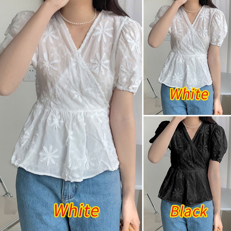 Áo ZANZEA tay phồng thêu hoa thắt dây phong cách Hàn Quốc ngọt ngào cho nữ