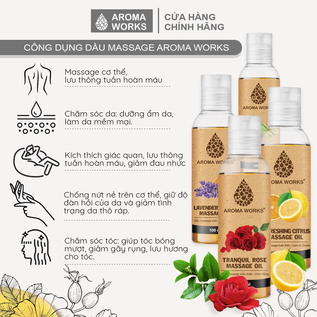 Dầu Massage Body Thiên Nhiên Aroma Works Mát Xa và dưỡng da toàn thân 100ml