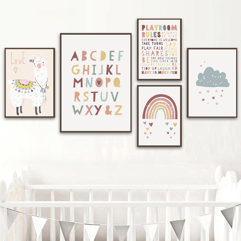 Tranh Vải Bạt Treo Tường In Hình Lạc Đà Alpaca / Cầu Vồng / Chữ Cái Trang Trí Nhà Cửa
