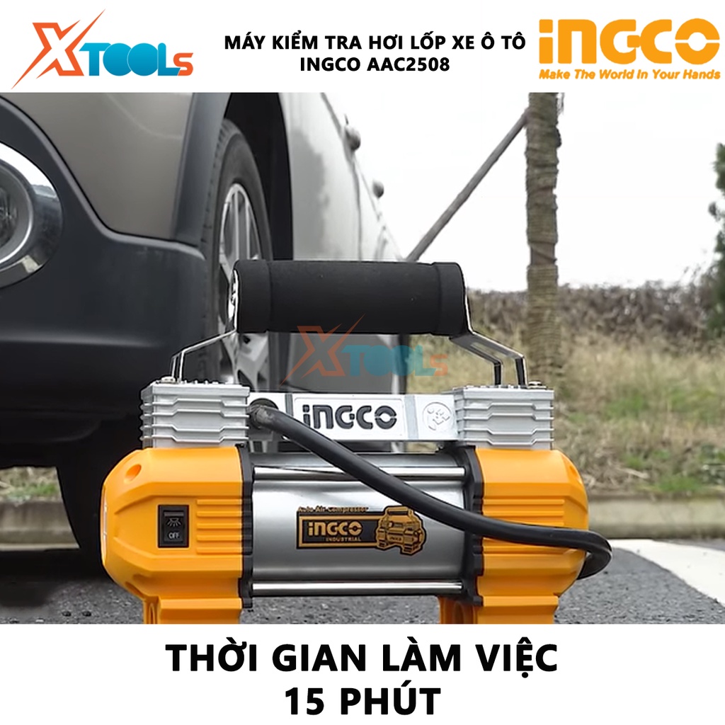 Dụng cụ kiểm tra hơi lốp xe INGCO AAC2508 | Máy bơm hơi lốp xe Dây nguồn 3M có đầu gắn xe hơi, 3 đèn LED hiển thị phun s