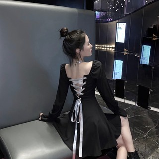 (ORDER) Váy đen retro dài tay hở lưng dây đan chéo thắt nơ style cá tính gợi cảm kiểu Pháp