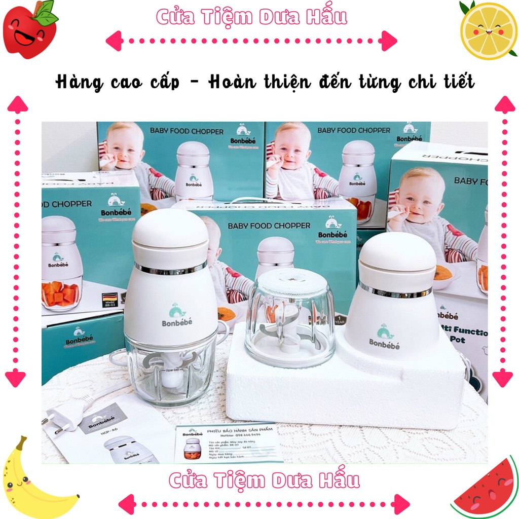 (Bảo Hành 12 Tháng) Máy Xay Ăn Dặm 1 Cối Thủy Tinh Bonbebe 300ml, Máy Xay Mini Màu Trắng- Cửa Tiệm Dưa Hấu