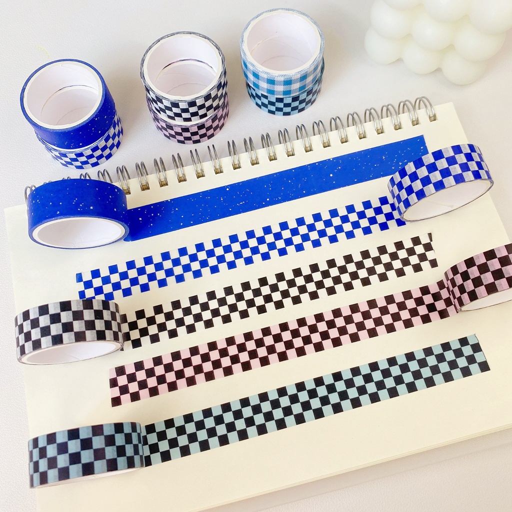 Băng keo họa tiết caro xanh dương dùng để tự trang trí sổ tay thẻ ảnh tại nhà