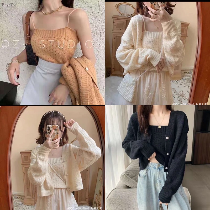 [ẢNH THẬT] SET ÁO LEN HAI DÂY KÈM ÁO KHOÁC LEN CẢDIGAN LÔNG THỎ