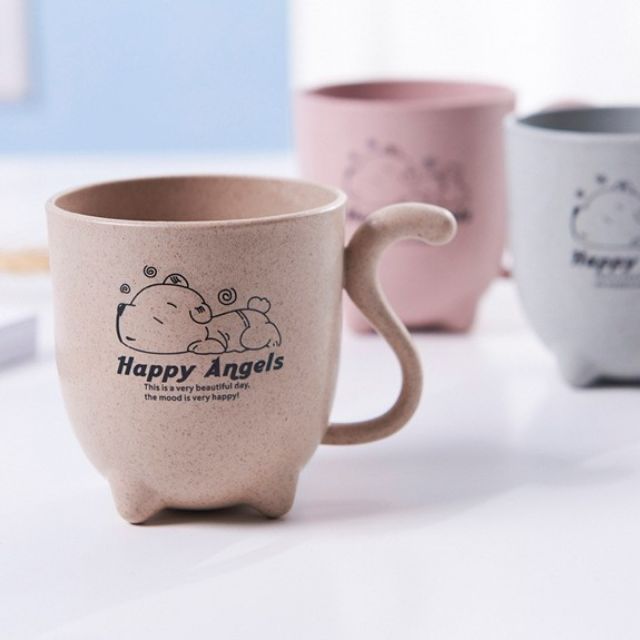 Ly, cốc sữa, súc miệng lúa mạch happy angels hình cún con cho bé yêu