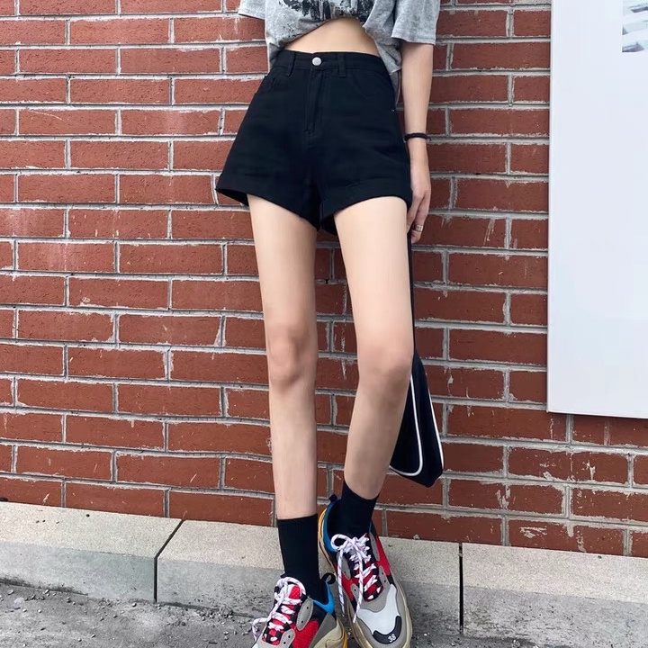 Quần short SUXI vải denim dáng chữ A lưng cao màu đen trơn cho nữ