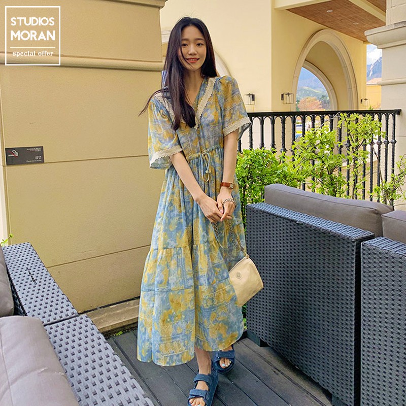 (ORDER) Váy voan hoa loang hồng/xanh MORAN vintage phối ren trắng thun eo xòe dài kiểu Pháp điệu đà (HÀNG ORDER)