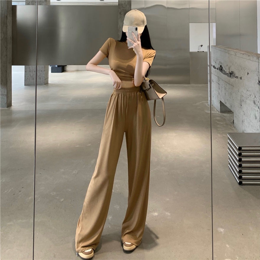 Set đồ COZOKC gồm áo thun ngắn tay phối quần ống rộng lưng cao thời trang dành cho nữ