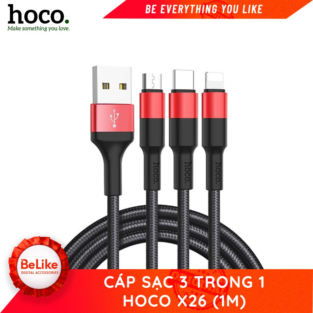 Cáp sạc 3 đầu HOCO X26 dài 1m - BH Toàn quốc