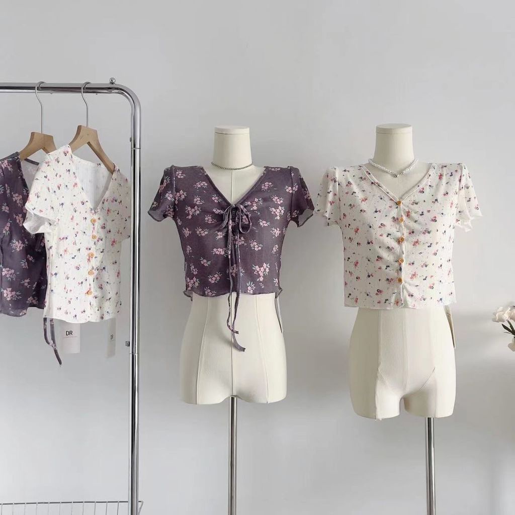 Áo Cardigan Tay Ngắn Dáng Ôm In Họa Tiết Hoa Nhỏ Xinh Xắn Thời Trang Mùa Hè Cho Nữ