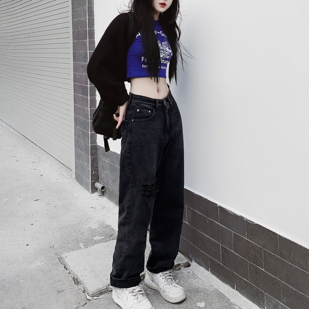 Quần Jean Nam Baggy Đen Ống Suông Rộng Rách Gối Kiểu Vải Denim Chất liệu Cotton Unisex Nam Nữ Hot Trend Dễ Phối Đồ