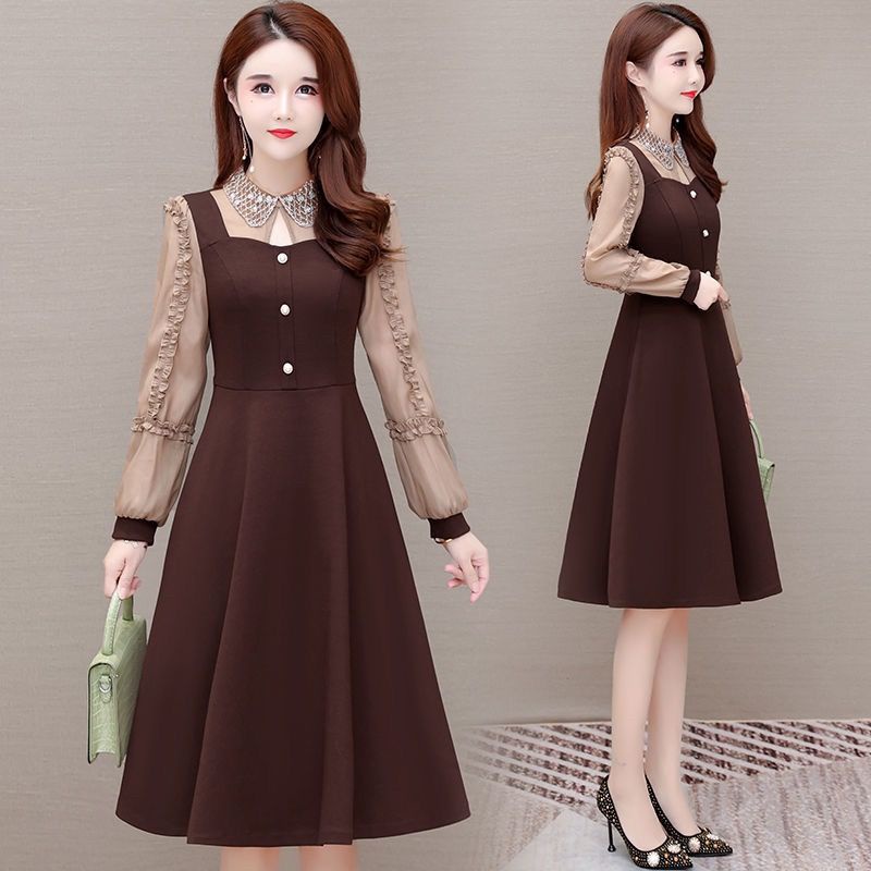 Đầm mới Đầm nữ 2021 Mùa thu Mới Slim Long Cao cấp dài tay eo eo nối liền Váy nữ