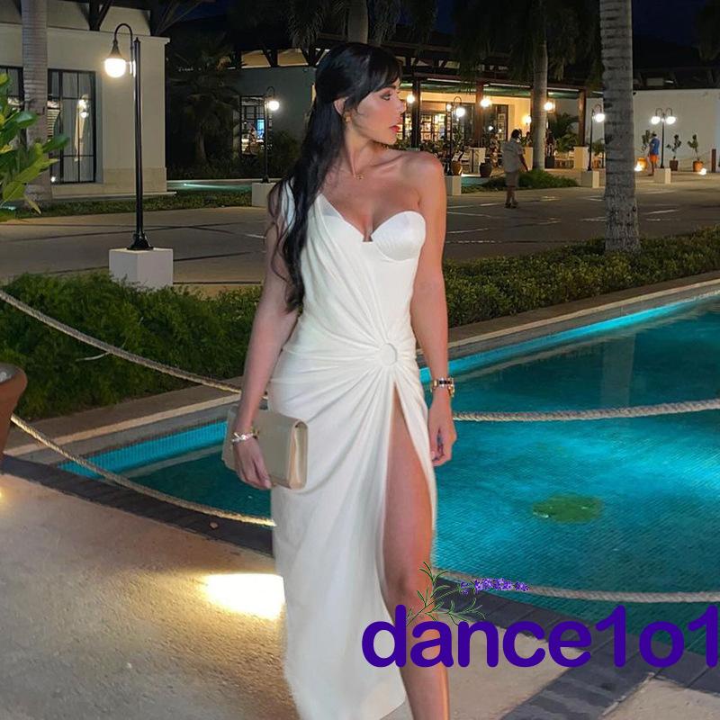 ✣DE❥Women Sleeveless One-shoulder Hollowed Slit Cocktail Beach Long Dress