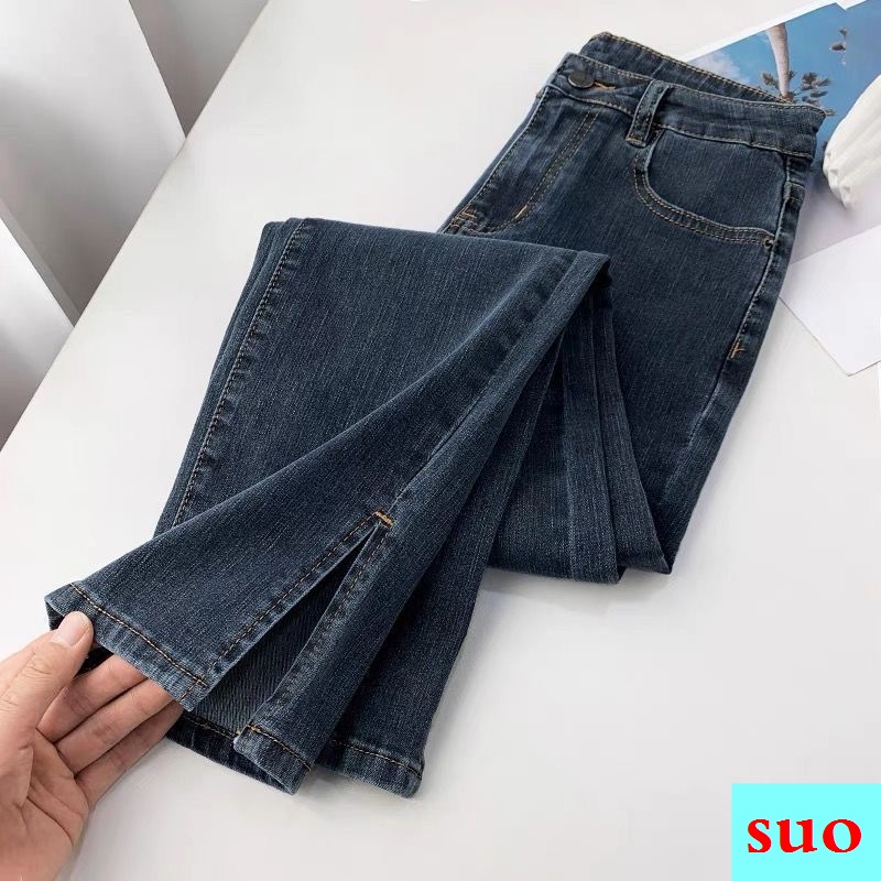 Hàng Có Sẵn Zhu Quần Jean Ống Đứng Lưng Cao Xẻ Tà Eo Cao Màu Xanh Dương Khói Thời Trang Thu Đông Năm 2021 Phong Cách Mới Dành Cho Bạn Nữ