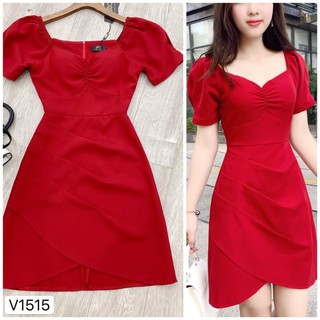 Váy đỏ ngắn tay dúm ngực V1515 - ĐẸP SHOP DVC ( Ảnh mẫu và ảnh trải sàn do shop tự chụp ) chính hãng