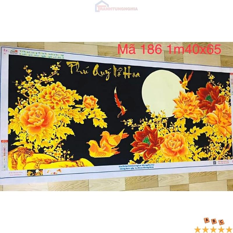 Tranh đính đá, tranh thêu chữ thập phú quý nở hoa 1m40 x 65cm