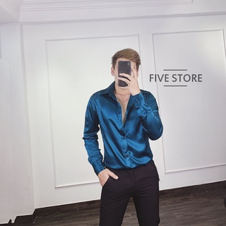 Áo sơ mi lụa xanh navy