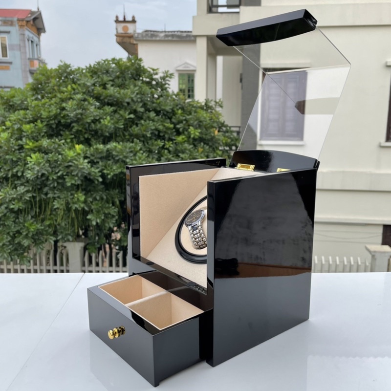 Hộp xoay 2 đồng hồ có ngăn kéo - ĐEN BÓNG SƠN MÀI CAO CẤP - Duy trì tích trữ cót đồng hồ cơ