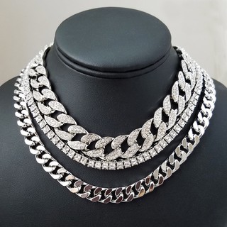Dây chuyền phong cách Miami Cuba đính đá mạ bạc chiều dài 18"