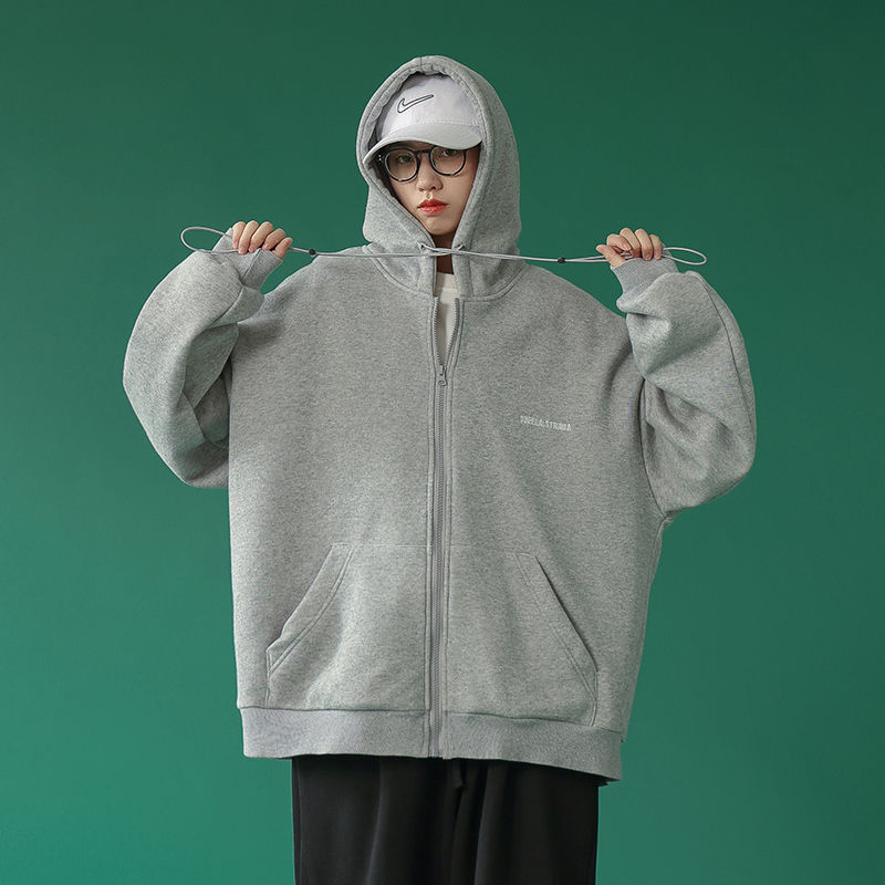 IMAODOU Korean Women's Hooded Jacket Zipper Wide Long Sleeve Coat Cotton Sweatshirt