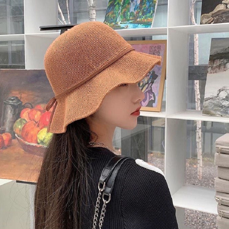 Nón Len Vành Rộng Màu Trơn Phối Dây P2052