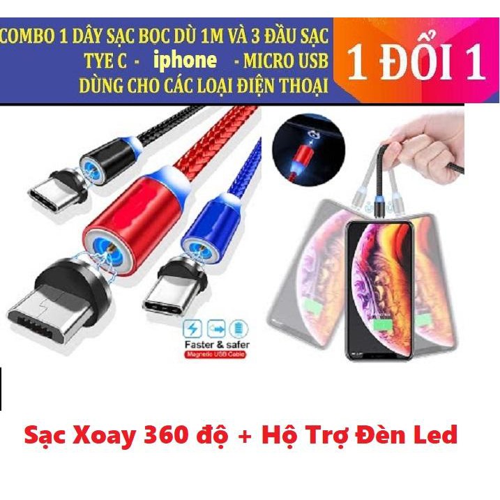 [ BÁN NHIỀU NHẤT ]Cáp sạc từ hút nam châm đầu Iphone | micro USB | Type C xoay 360 độ dây dù