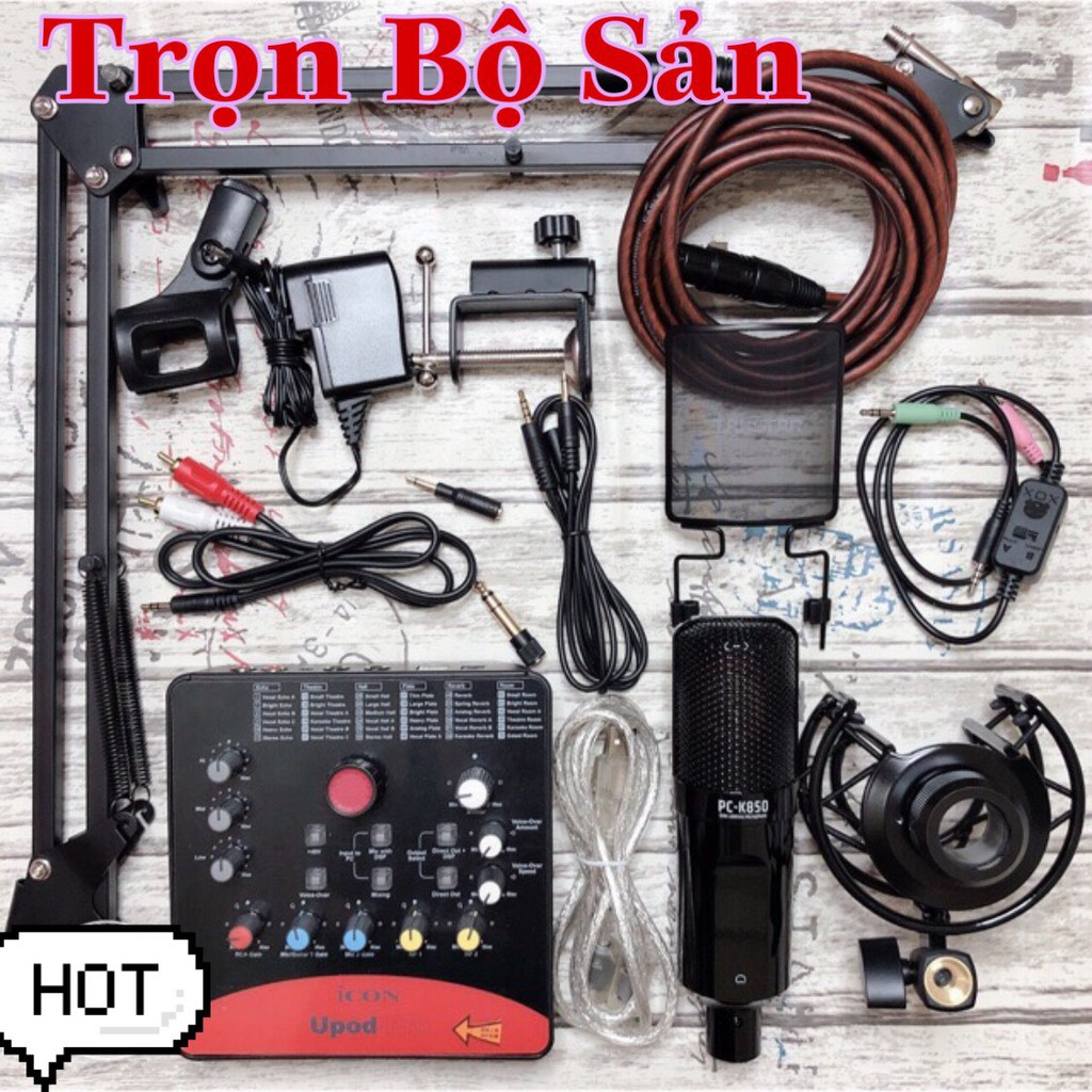 Mic Thu Âm takstar pc k850 và sound card icon upod pro chân kẹp màng lọc dây livestream ma2 dây mic 3m