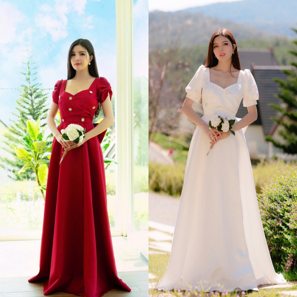 Đầm dạ hội đính đá nơ lưng sang trọng thiết kế xẻ tà 2 màu trắng đỏ - hình thật sp 100%