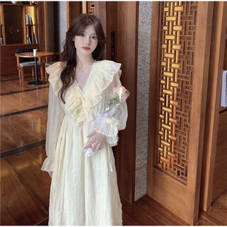 Váy bèo cổ dáng midi tay bồng chun eo