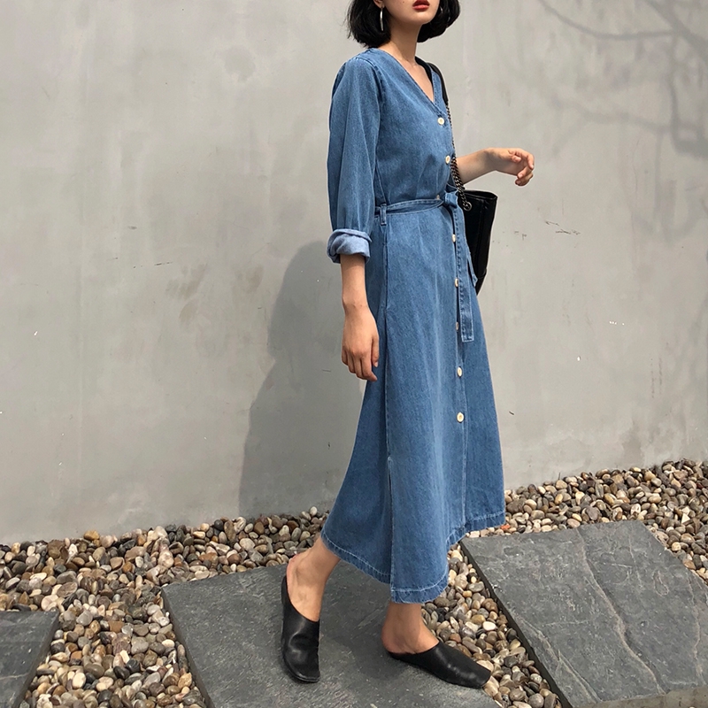 [Nhập WASIPN giảm 30K cho đơn 150K] Đầm denim dáng dài cột eo thanh lịch thời trang