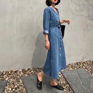 Đầm denim dáng dài cột eo thanh lịch thời trang