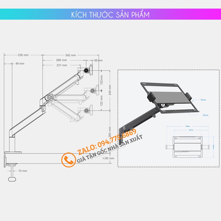 Tay Giá Treo Đỡ Laptop - Macbook - Ipad 12 - 17 Inch / Màn Hình Máy Tính 17 - 32 Inch / Hợp Kim Nhôm Cao Cấp OZ 1S