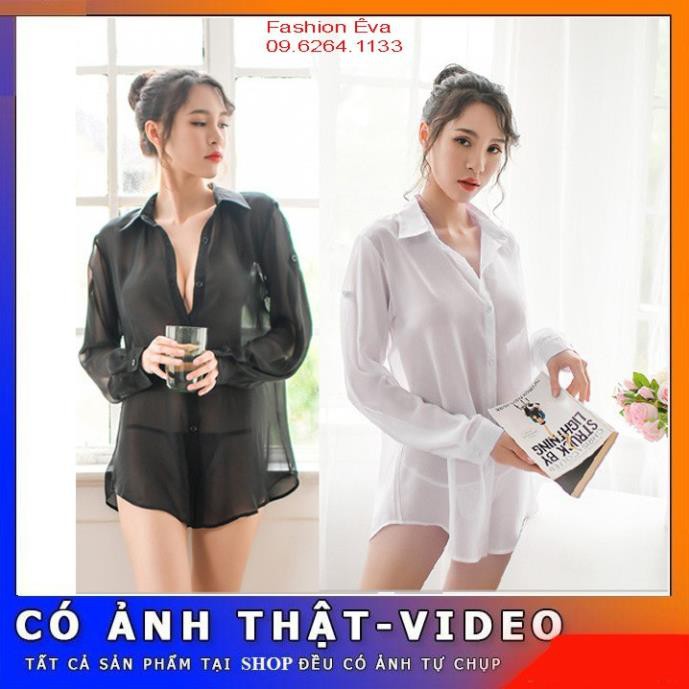 Đồ Ngủ Nữ Áo Sơ Mi Ngủ Nữ Mỏng Sexy Gợi Cảm Xuyên Thấu Đồ Ngủ Kèm Quần Lọt Khe Voan Mỏng Dài Tay  ྇