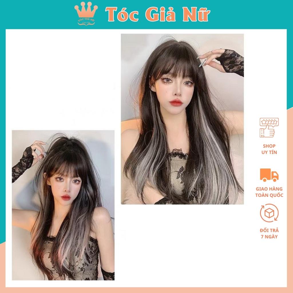 Tóc giả nữ nguyên đầu thẳng cúp dài màu đen phối line xám, tăng lưới trùm tóc.
