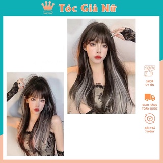 Tóc giả nữ nguyên đầu thẳng cúp dài màu đen phối line xám, tăng lưới trùm tóc.