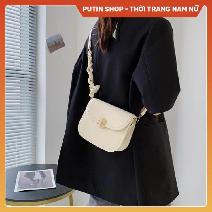 Túi đeo chéo nữ WAP HOUSE đi du lịch,  Túi xách thời trang trắng đen kem viền nâu quai tết phong cách châu âu