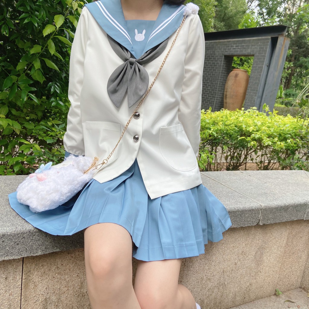 Seifuku/ Set váy đồng phục học sinh Nhật Bản: áo cổ thủy thủ in thỏ dài tay + chân váy xòe xếp ly