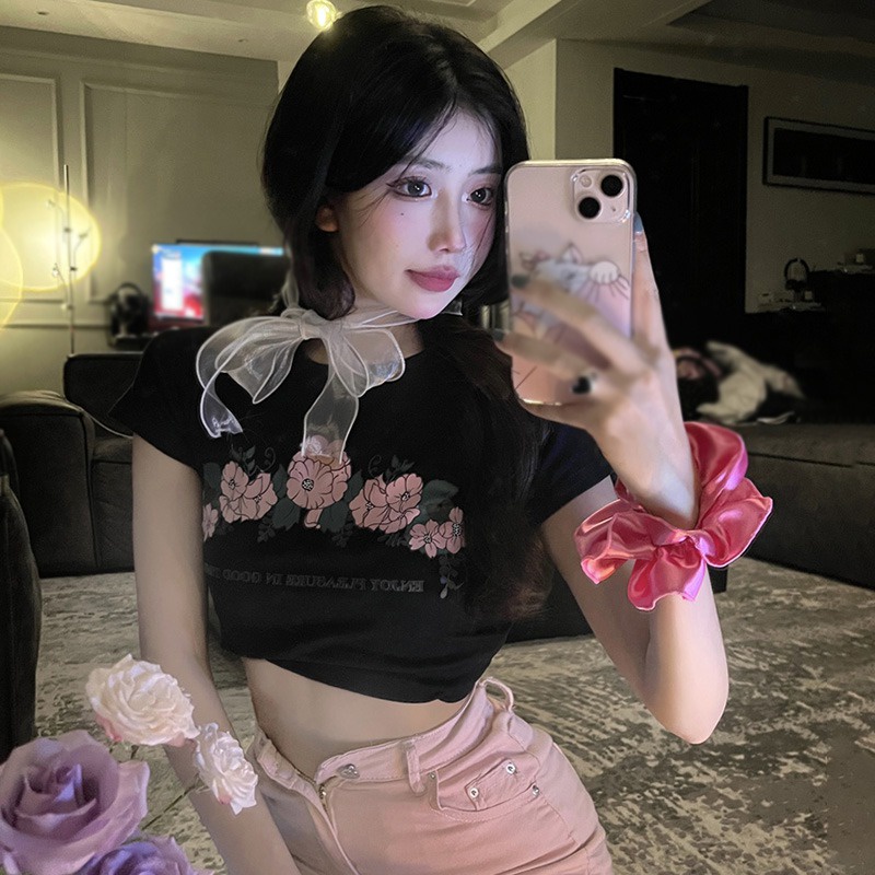 Áo Thun Croptop Ngắn Tay Cổ Tròn Form Ôm In Họa Tiết Hoa Phong Cách Hàn Quốc Thời Trang Cho Nữ