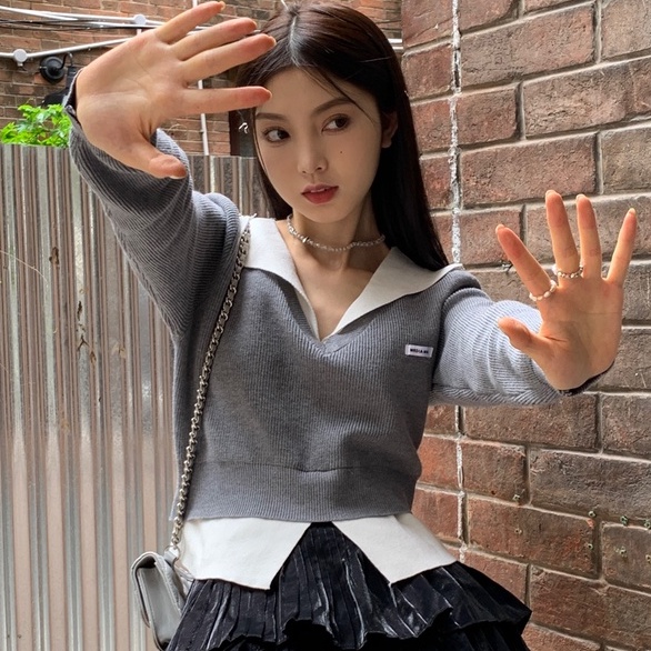 Đầm dệt kim ZHELIHANGFEI giả hai lớp tay dài cổ chữ V lưng cao thời trang trẻ trung