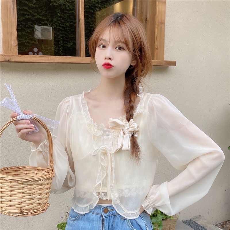 Áo Khoác Ngoài Cadigan Mỏng Mặc Ngoài Váy Nhiều Màu Chất Chiffon Dài Tay Điệu Buộc Dây Tiểu Thư Style Hàn Quốc