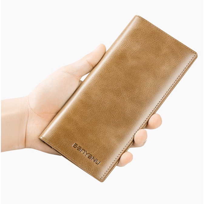 Ví Nam Da Bò Dài Cầm Tay Siêu Mỏng Gọn Bền Đẹp Nhiều Ngăn Tiện Lợi Công Nghệ RFID Blocking Chống Trộm Có Dây Kéo An Toàn